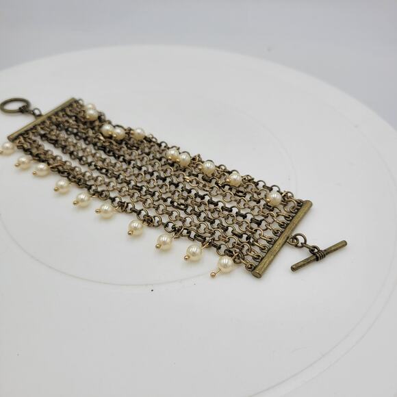 VTG Pinned Pearl Cuff Bracelet 8" Gold Tone White Beads Wide Toggle Closure - Picture 9 of 13